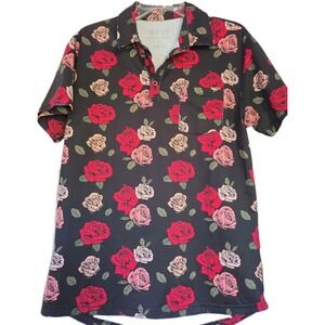 BYLT Premium Basics Polo Shirt Mens medium Black Red Rose Floral Performance